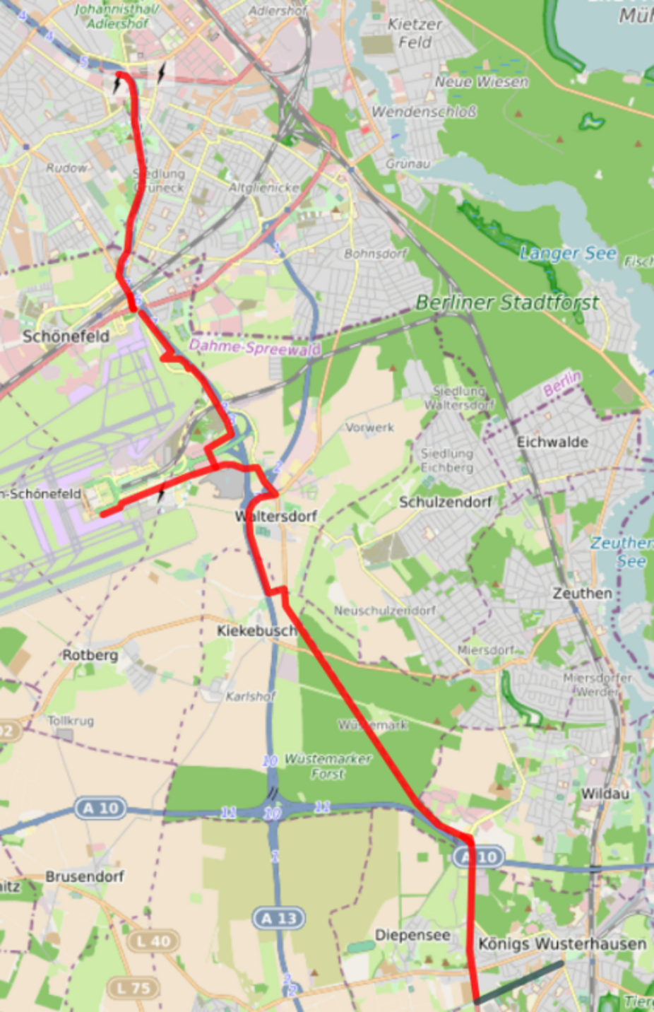 Mögliche Radtrasse zum BER Karte mit möglicher Radtrasse zum Flughafen BER